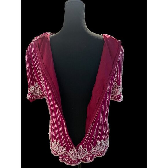 Vintage Fuchsia Beaded Silk Blouse With Pearl & Sequin Embellishments Short Slee - Picture 4 of 11